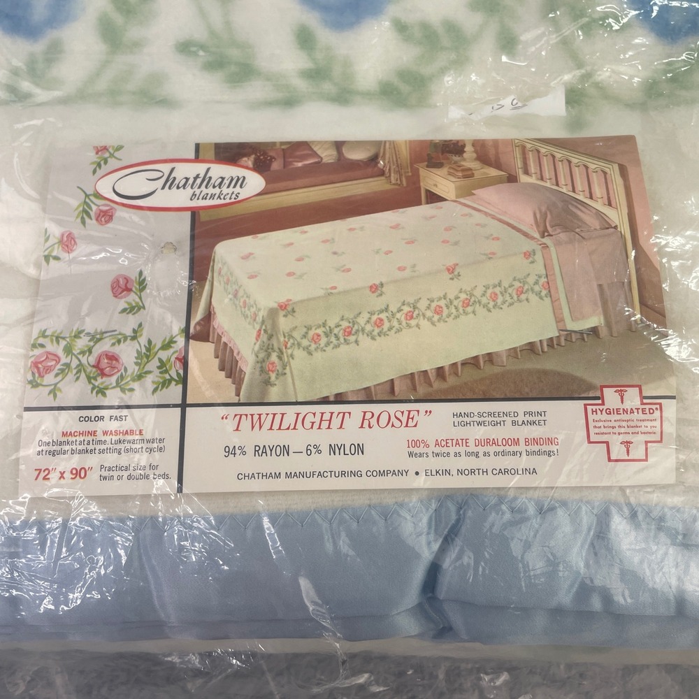 Vintage Chatham Blanket Unisex Twin/Double White Blue Twilight Rose Floral Rayon - Picture 2 of 5